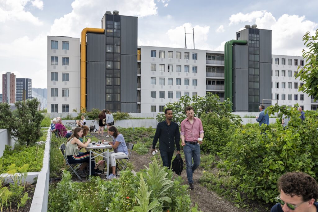Foto van twee mannen die lopen op groen dakterras