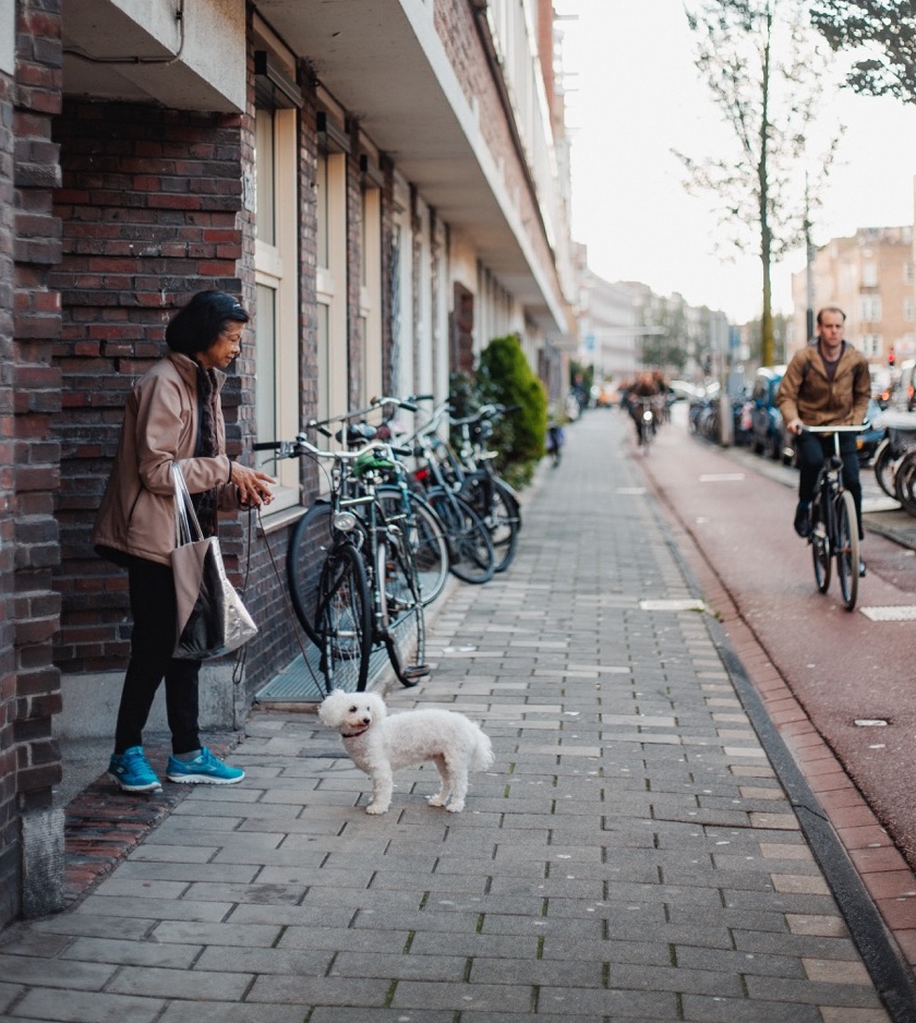 Foto van een mevrouw met een hond op de stoep voor een portiekwoning in stad